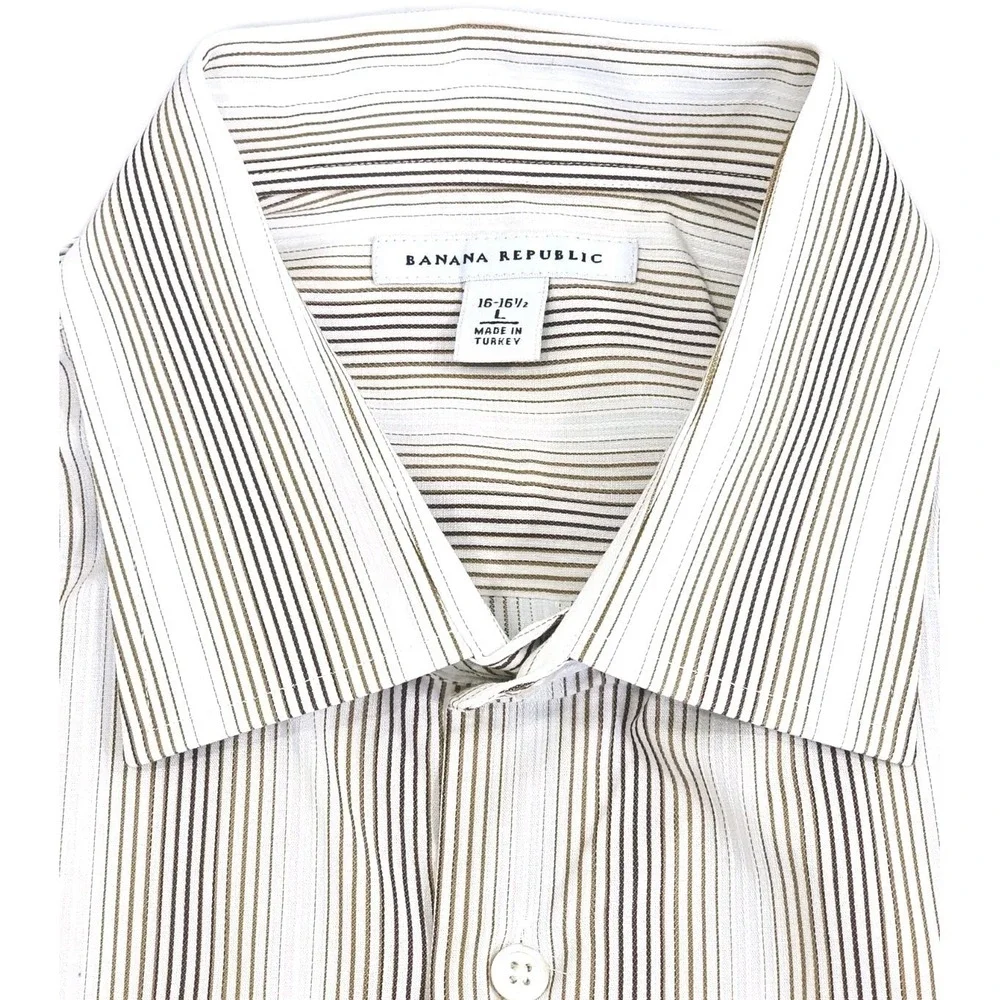 Banana Republic Mens Large Vertical Brown Striped Non Iron Slim Fit Dress Shirt